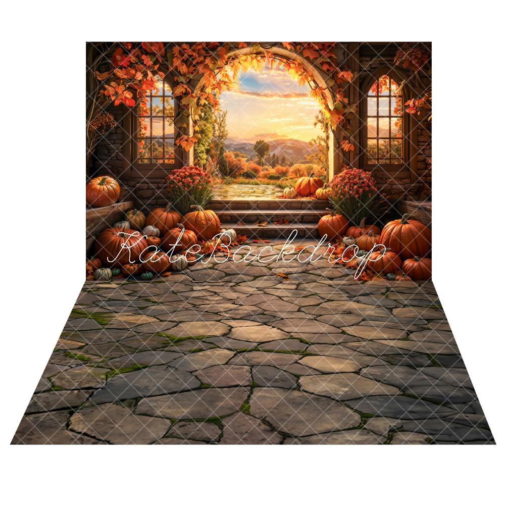 Kate Autumn Sunset Pumpkin Arch Backdrop+ Brown Stone Path Floor Backdrop -UK