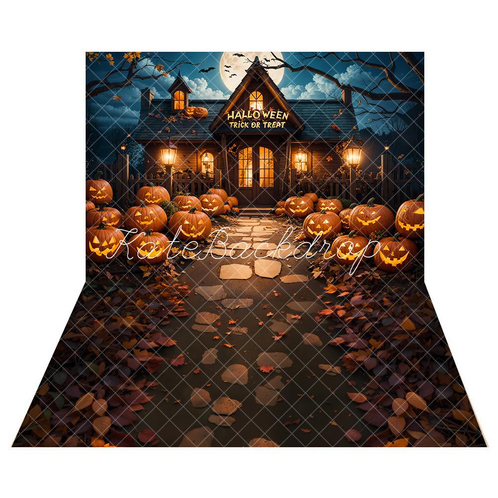 Kate Halloween Pumpkin Cottage Backdrop+Forest Fallen Leaves Path Floor Backdrop -UK