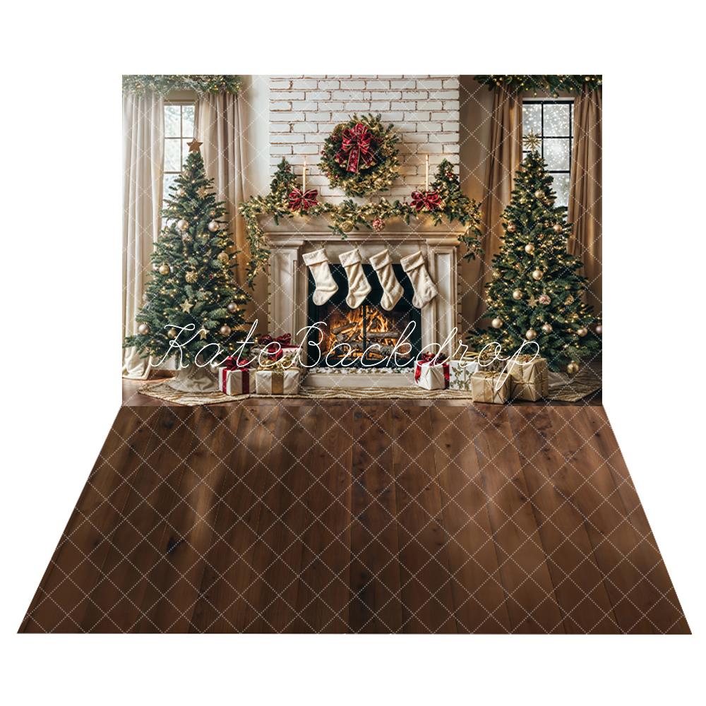 Kate Christmas Tree White Fireplace Backdrop+Dark Brown Wooden Floor Backdrop -UK