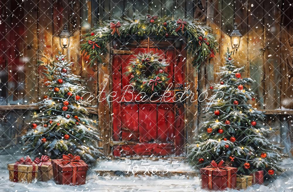 Kate Winter Christmas Red Door Wooden Cabin Backdrop Designed by Chain Photography -UK