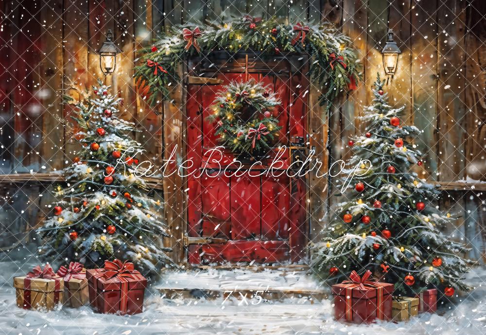 Kate Winter Christmas Red Door Wooden Cabin Backdrop Designed by Chain Photography -UK