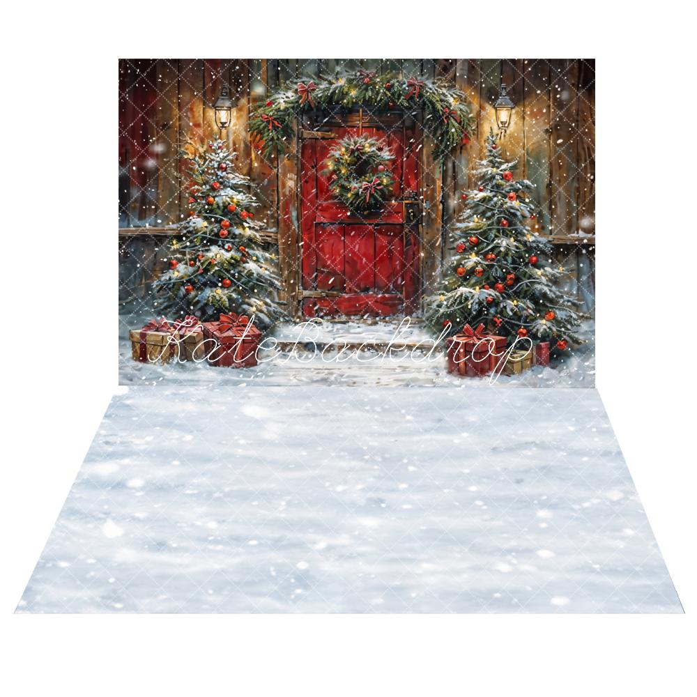 Kate Winter Christmas Red Door Wooden Cabin Backdrop+White Snow Floor Backdrop -UK