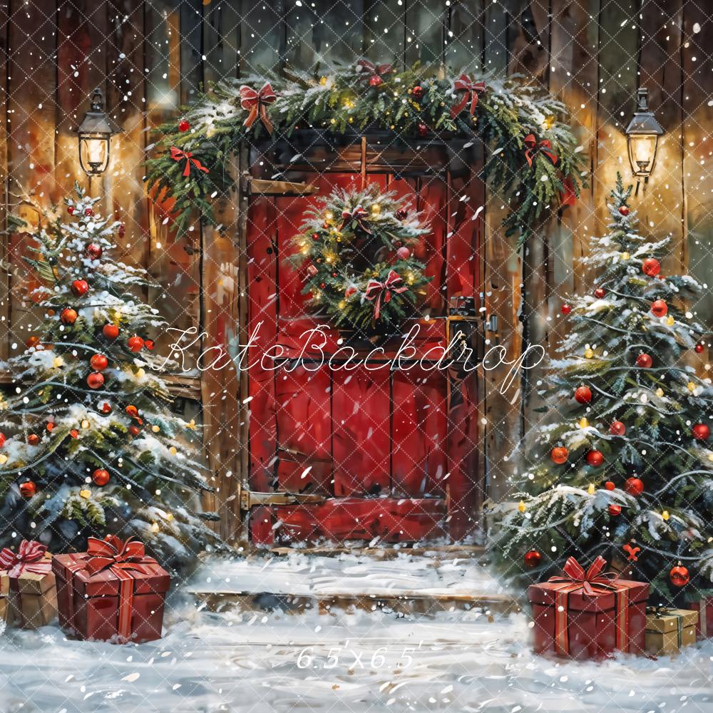 Kate Winter Christmas Red Door Wooden Cabin Backdrop Designed by Chain Photography -UK