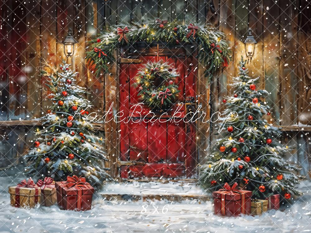 Kate Winter Christmas Red Door Wooden Cabin Backdrop Designed by Chain Photography -UK