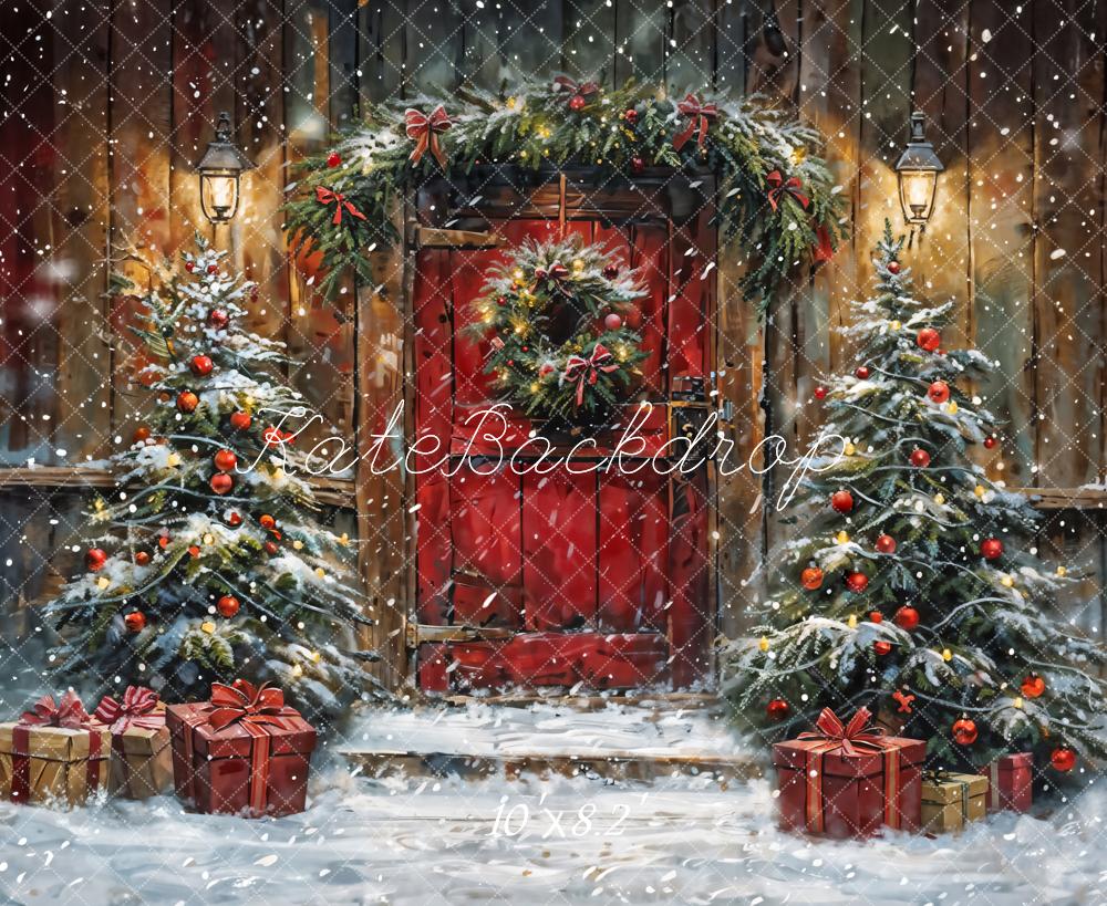 Kate Winter Christmas Red Door Wooden Cabin Backdrop Designed by Chain Photography -UK