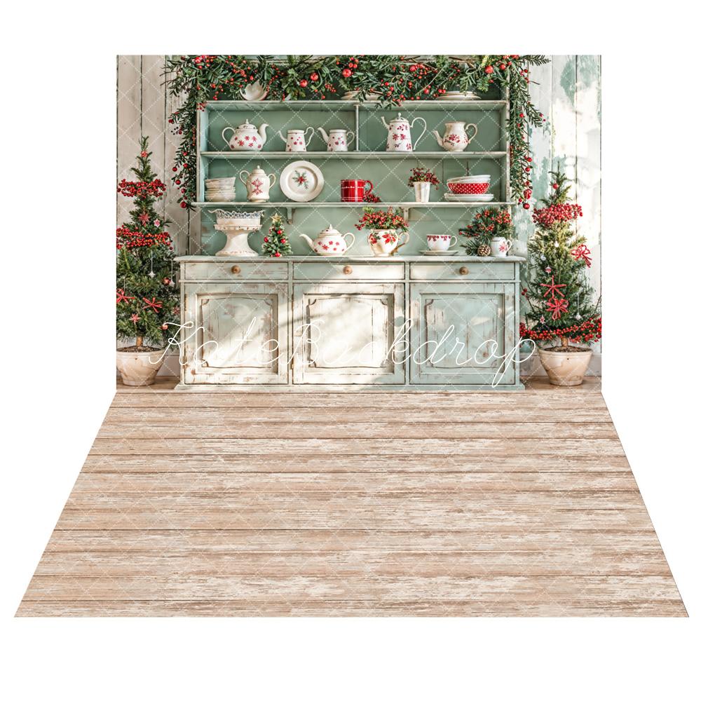 Kate Christmas Sunshine Green Cabinets Backdrop+Brown Wooden Grain Floor Backdrop -UK