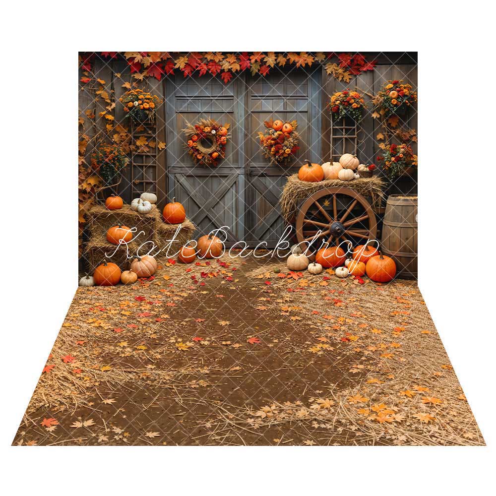 Kate Autumn Barn Door Maple Pumpkin Backdrop+Maple Leaves Path Floor Backdrop -UK