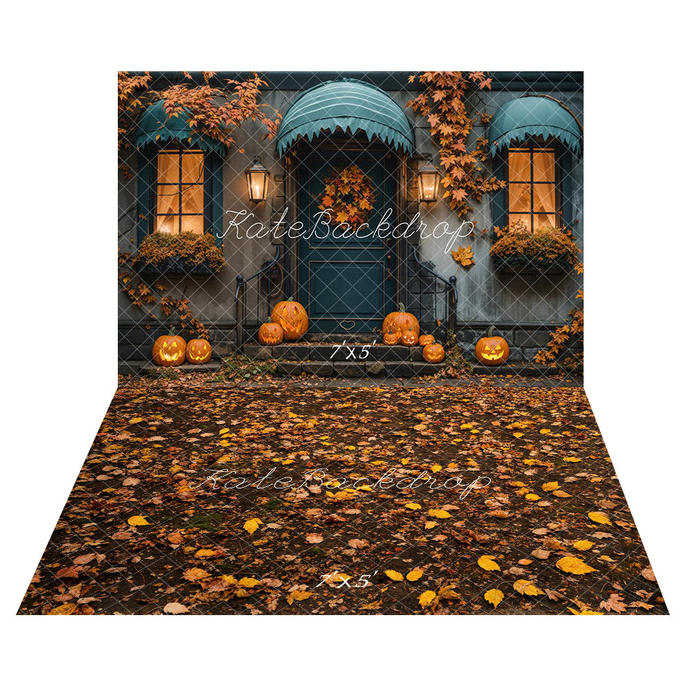 Kate Autumn Halloween Maple Leaf House Backdrop+Fallen Leaves Floor Backdrop -UK