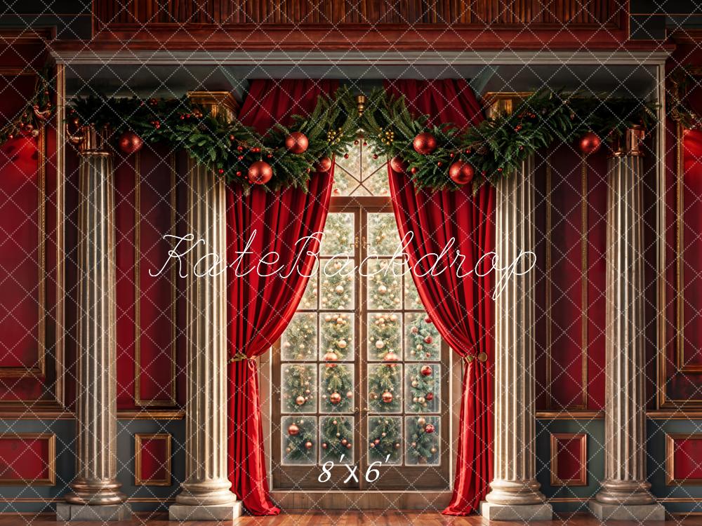 Kate Christmas Window Red Retro Wall Backdrop Designed by Chain Photography -UK