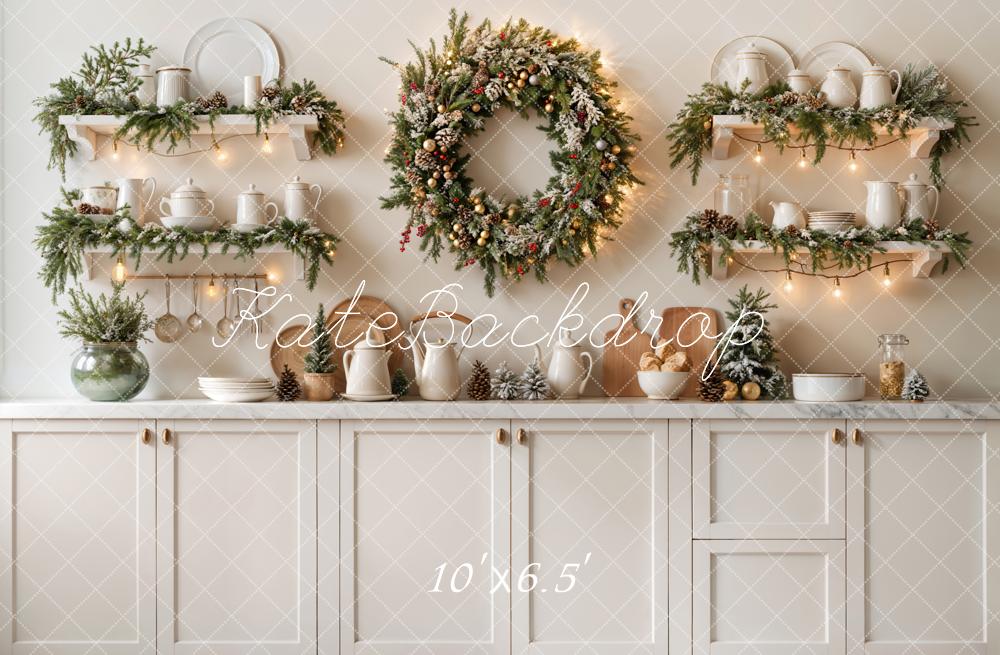 Kate Christmas Kitchen Wreath White Cabinet Backdrop Designed by Emetselch -UK