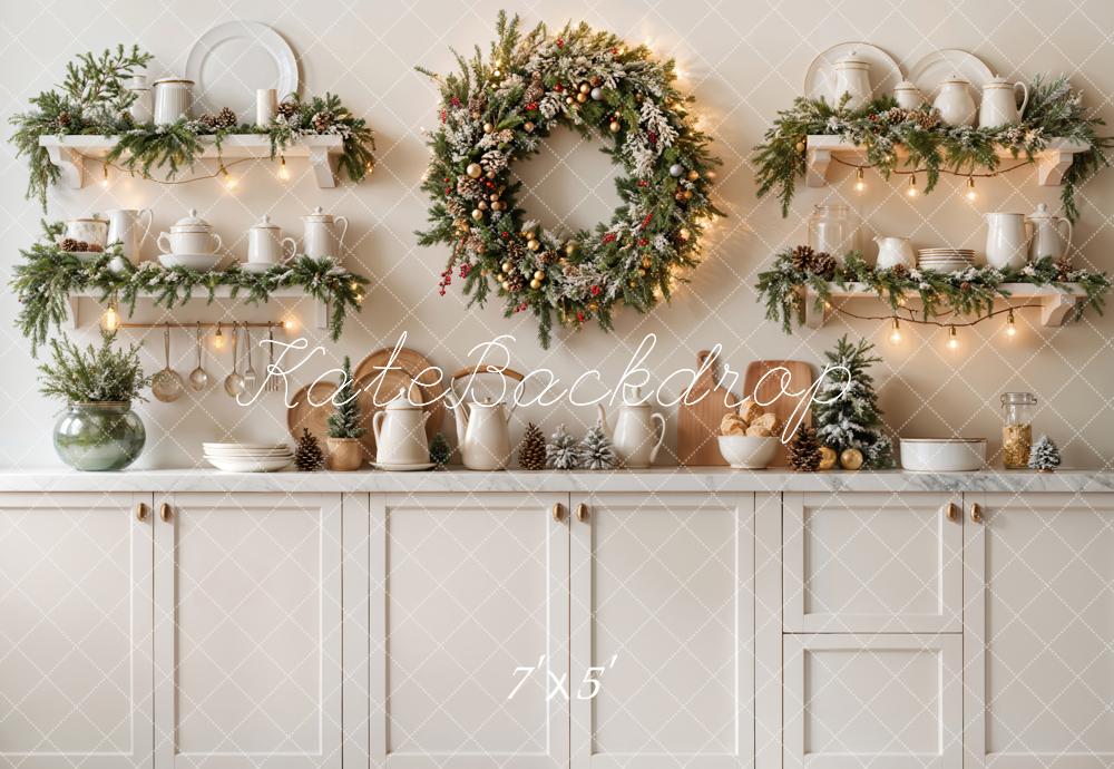 Kate Christmas Kitchen Wreath White Cabinet Backdrop Designed by Emetselch -UK