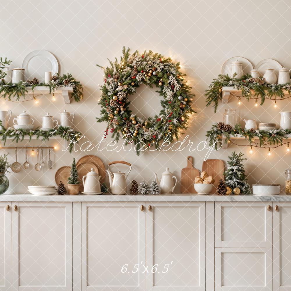 Kate Christmas Kitchen Wreath White Cabinet Backdrop Designed by Emetselch -UK