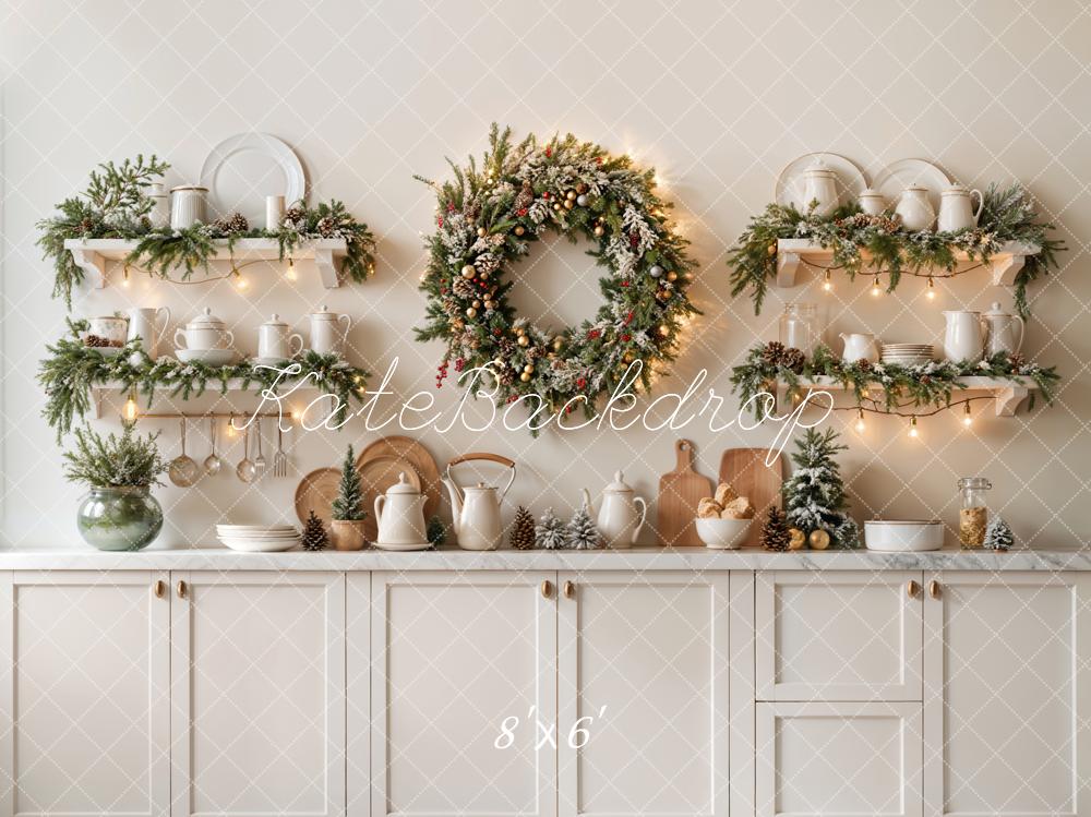 Kate Christmas Kitchen Wreath White Cabinet Backdrop Designed by Emetselch -UK