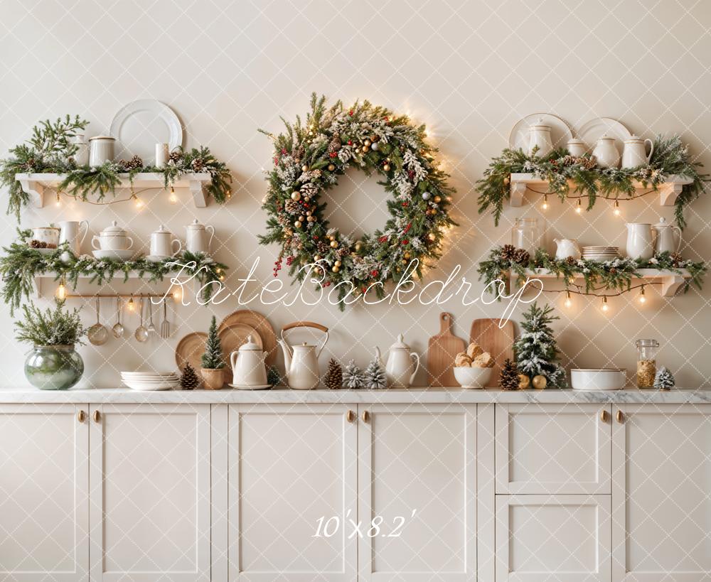 Kate Christmas Kitchen Wreath White Cabinet Backdrop Designed by Emetselch -UK