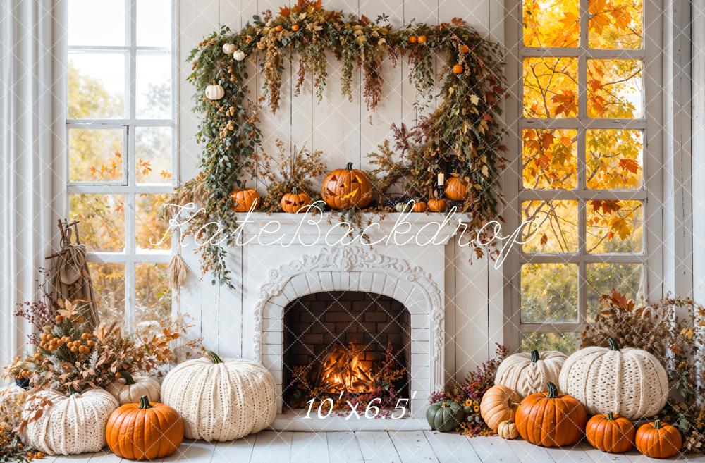 On Sale Kate Halloween Autumn White Fireplace Maple Leaves Backdrop Designed by Emetselch -UK