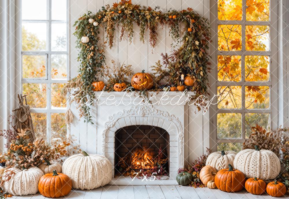 On Sale Kate Halloween Autumn White Fireplace Maple Leaves Backdrop Designed by Emetselch -UK