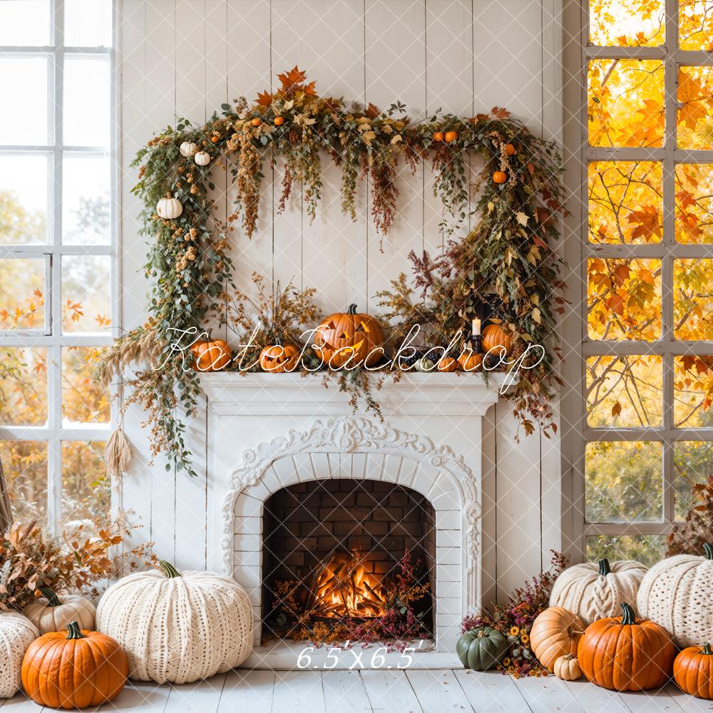 On Sale Kate Halloween Autumn White Fireplace Maple Leaves Backdrop Designed by Emetselch -UK