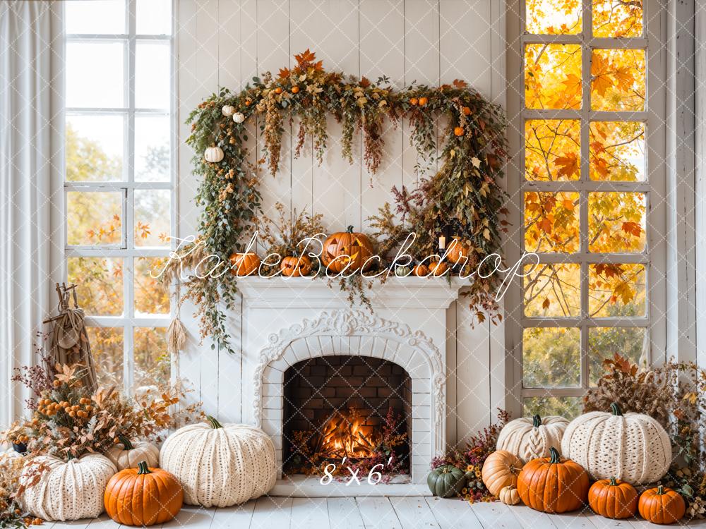 On Sale Kate Halloween Autumn White Fireplace Maple Leaves Backdrop Designed by Emetselch -UK