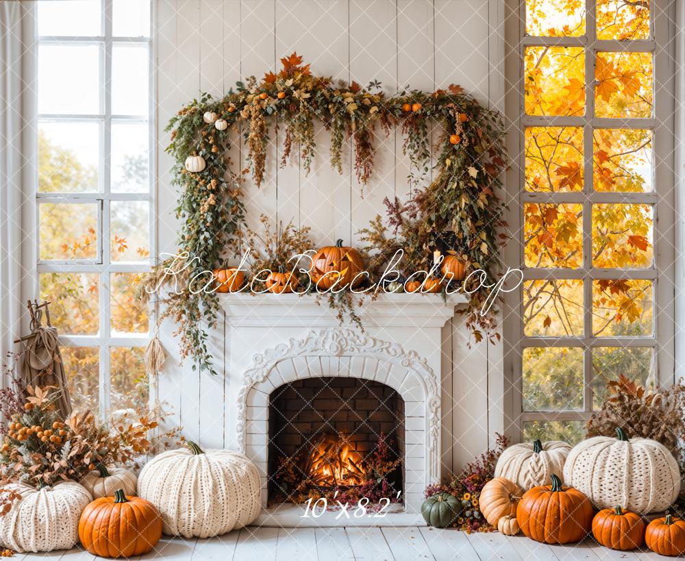 On Sale Kate Halloween Autumn White Fireplace Maple Leaves Backdrop Designed by Emetselch -UK