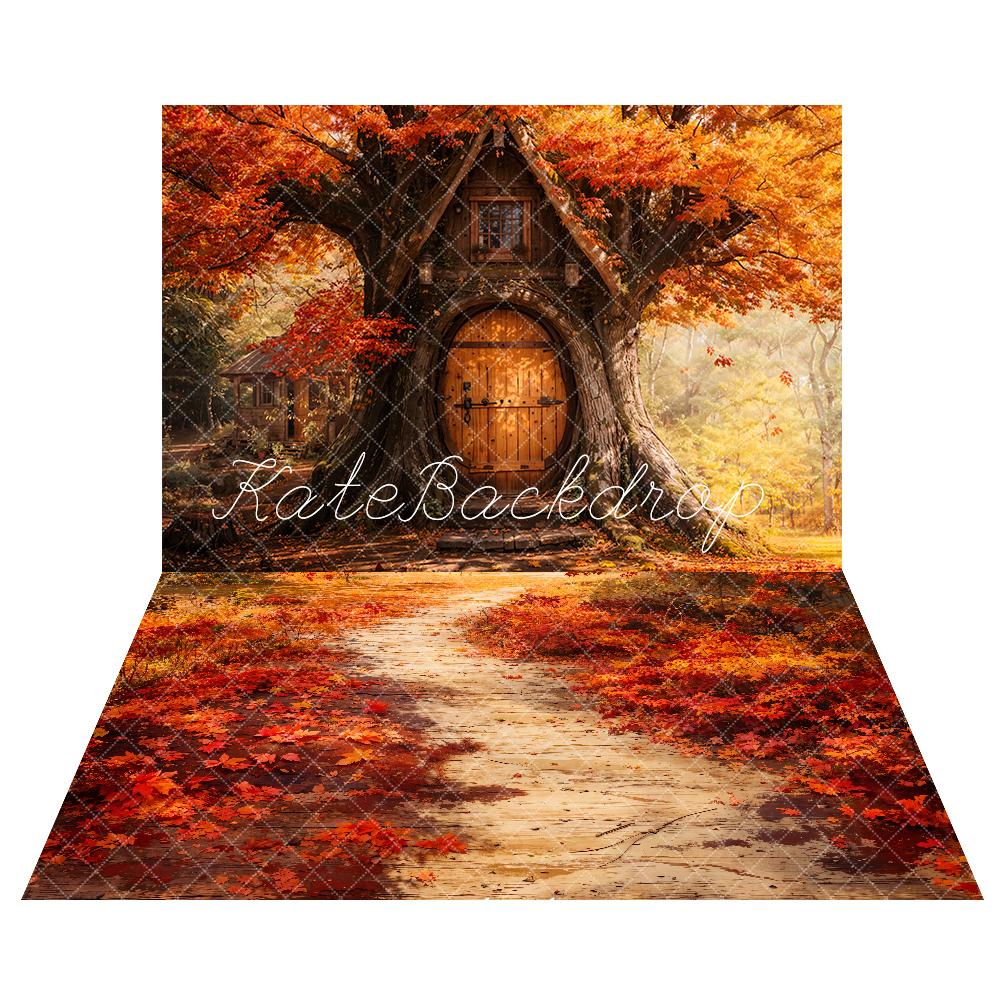 Kate Autumn Treehouse Forest Backdrop+Red Fallen Maple Leaves Path Floor Backdrop -UK