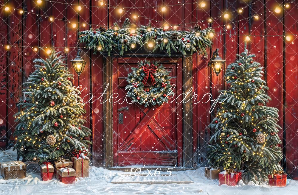 On Sale Kate Christmas Tree Red Barn Door Snow Backdrop Designed by Emetselch -UK