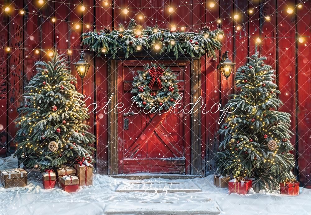 On Sale Kate Christmas Tree Red Barn Door Snow Backdrop Designed by Emetselch -UK