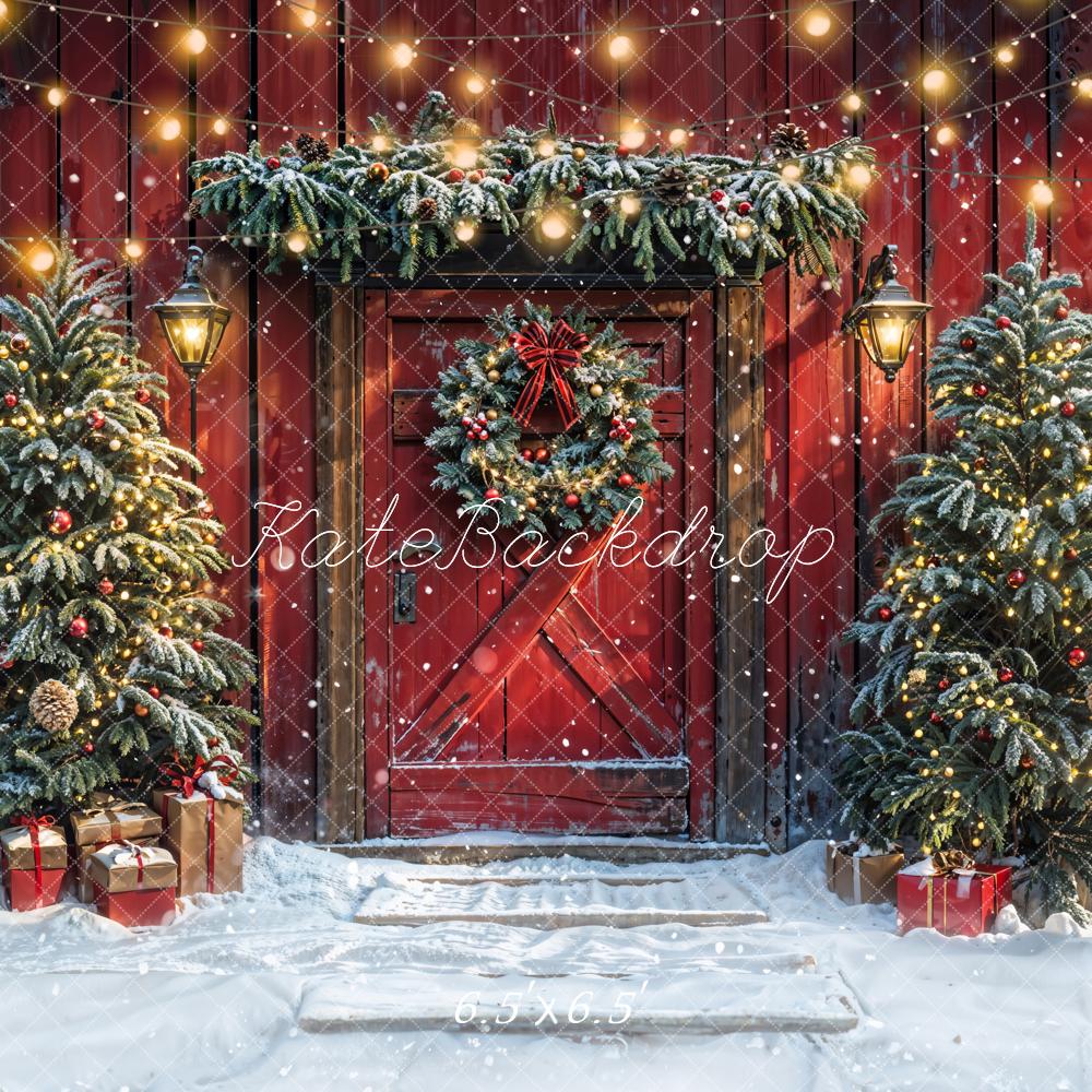 On Sale Kate Christmas Tree Red Barn Door Snow Backdrop Designed by Emetselch -UK