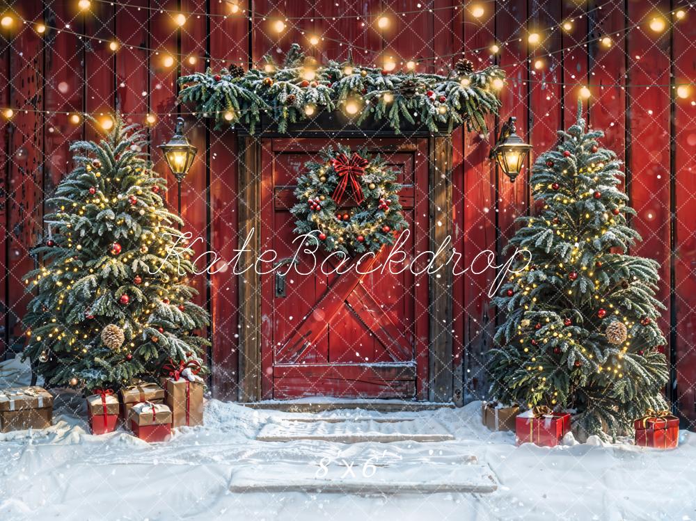 On Sale Kate Christmas Tree Red Barn Door Snow Backdrop Designed by Emetselch -UK