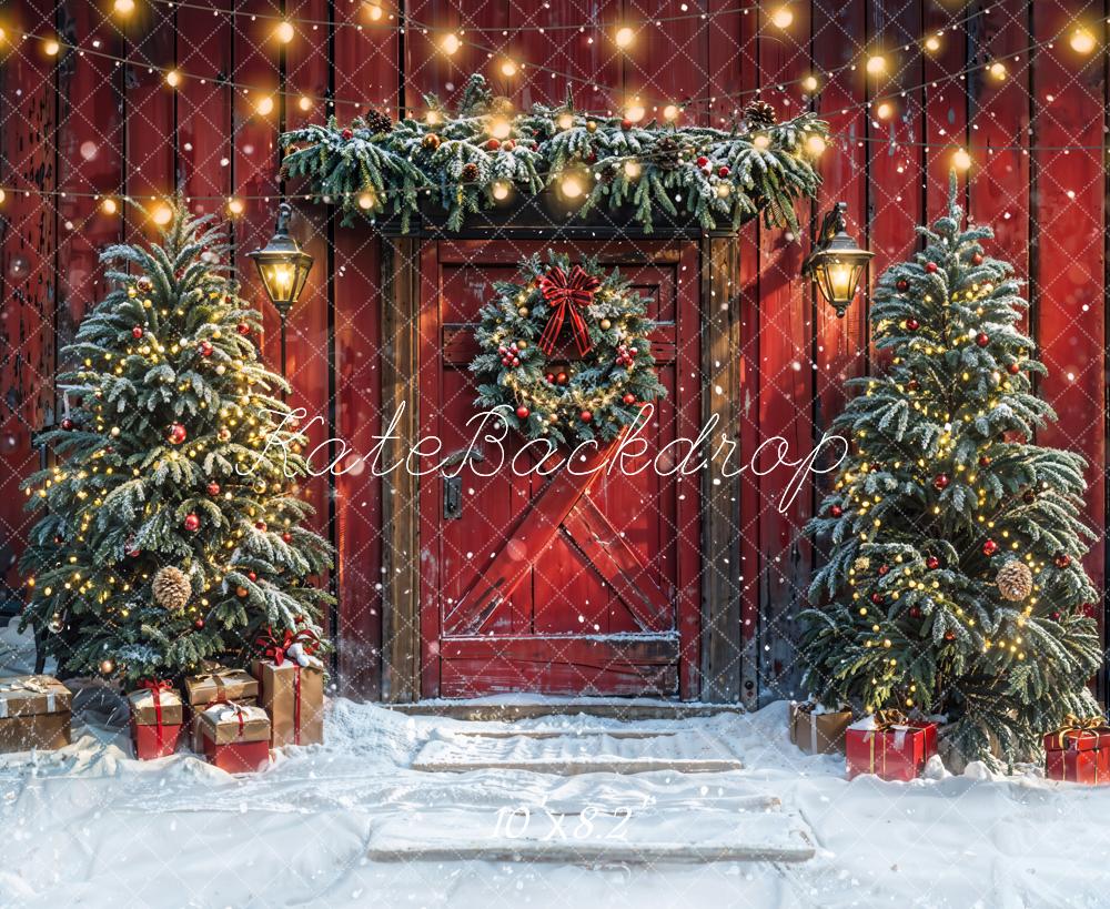 On Sale Kate Christmas Tree Red Barn Door Snow Backdrop Designed by Emetselch -UK