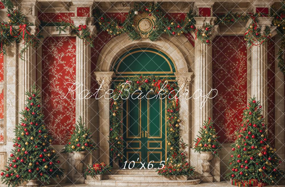 Kate Christmas Green Door Vintage Red Wall Backdrop Designed by Emetselch -UK