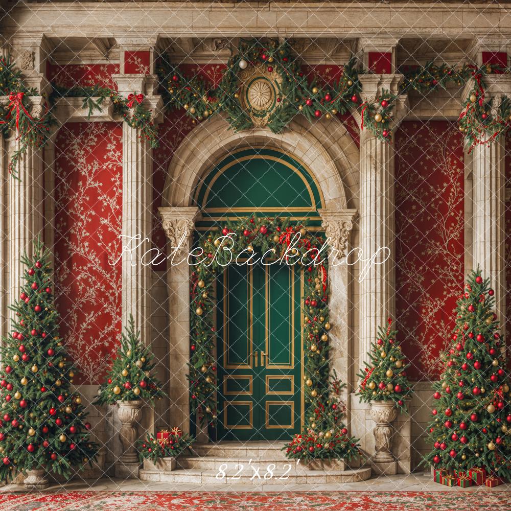 Kate Christmas Green Door Vintage Red Wall Backdrop Designed by Emetselch -UK