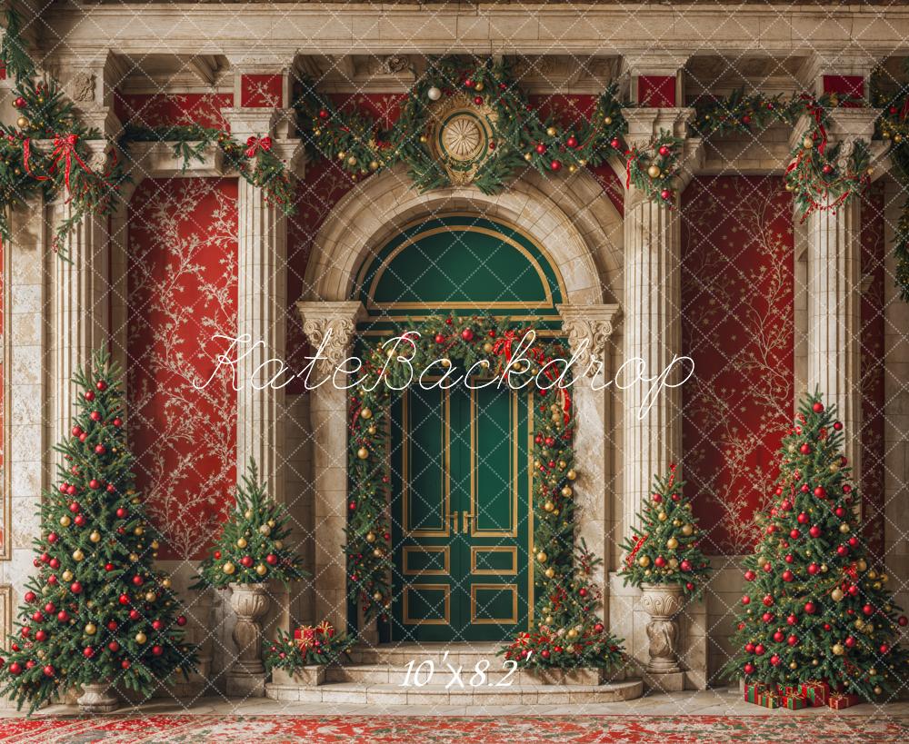 Kate Christmas Green Door Vintage Red Wall Backdrop Designed by Emetselch -UK