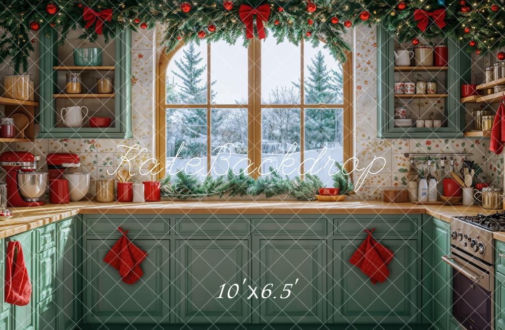 Kate Christmas Kitchen Green Cabinets Winter Window Backdrop Designed by Emetselch -UK