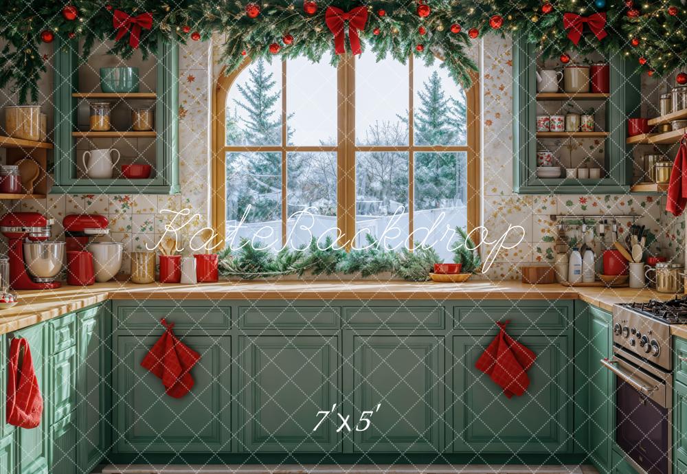 Kate Christmas Kitchen Green Cabinets Winter Window Backdrop Designed by Emetselch -UK