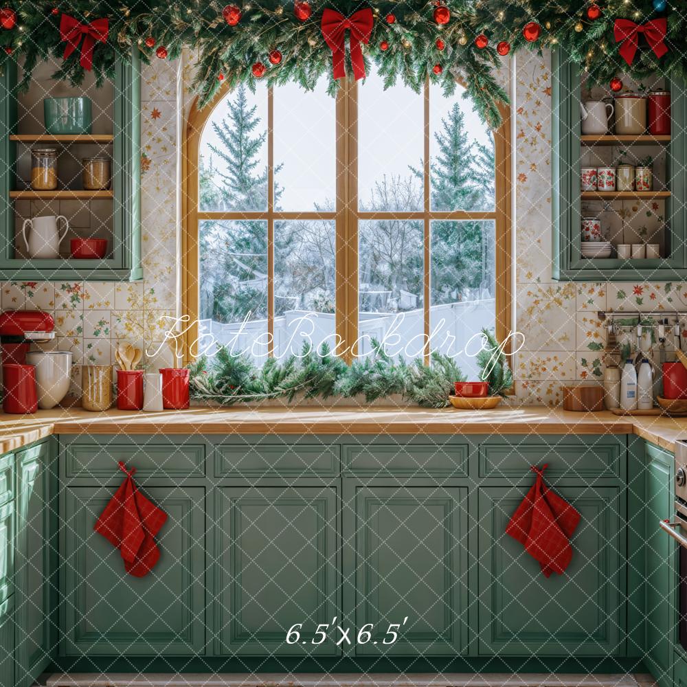 Kate Christmas Kitchen Green Cabinets Winter Window Backdrop Designed by Emetselch -UK