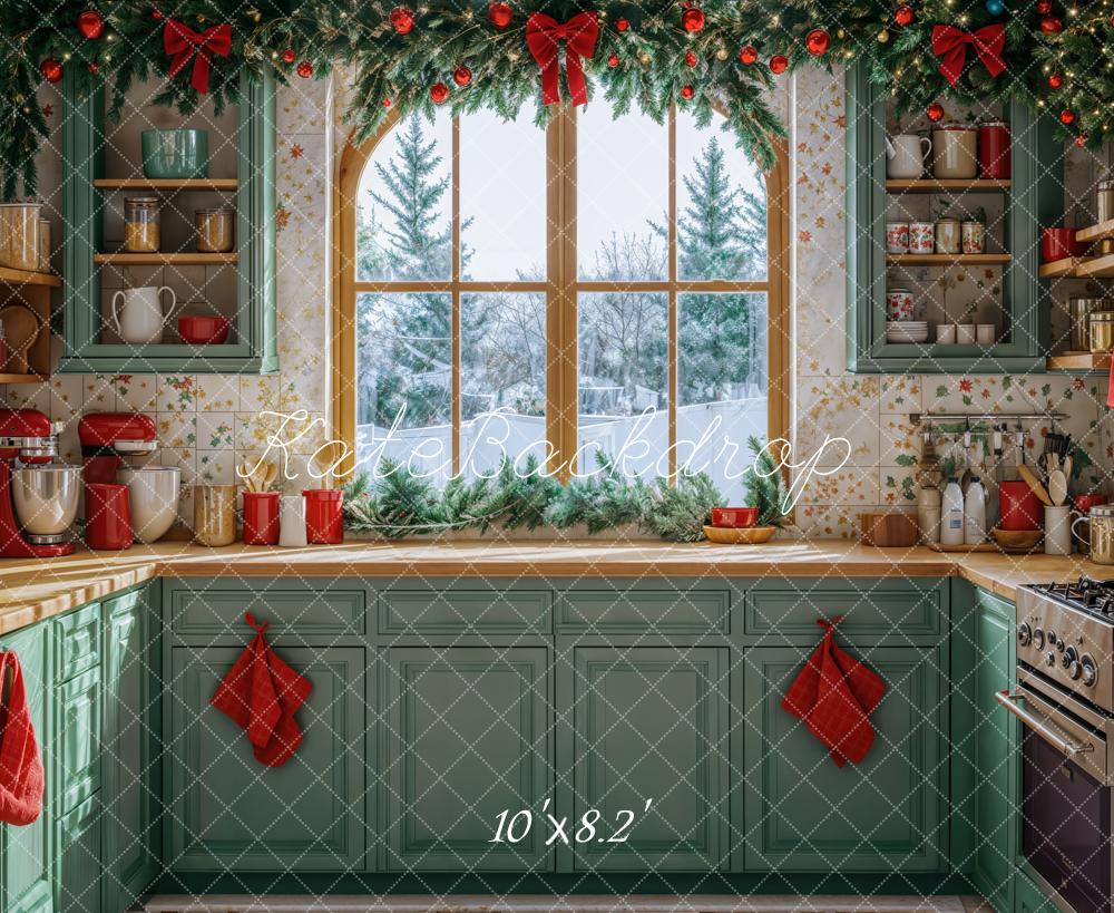 Kate Christmas Kitchen Green Cabinets Winter Window Backdrop Designed by Emetselch -UK