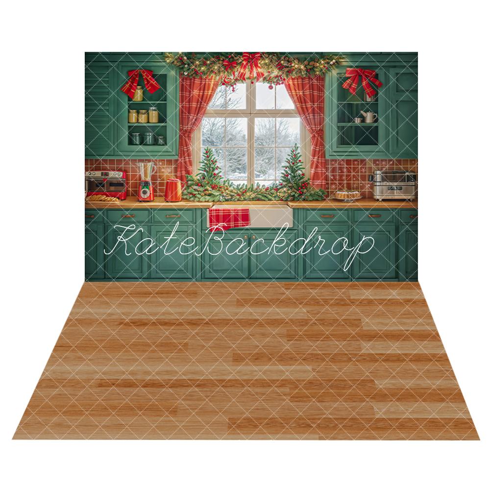 Kate Christmas Kitchen Green Cabinets Red Curtains Backdrop+Light Brown Wooden Floor Backdrop -UK