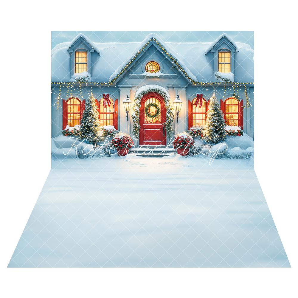 Kate Christmas Snow White House Evening Backdrop+White Snow Floor Backdrop -UK