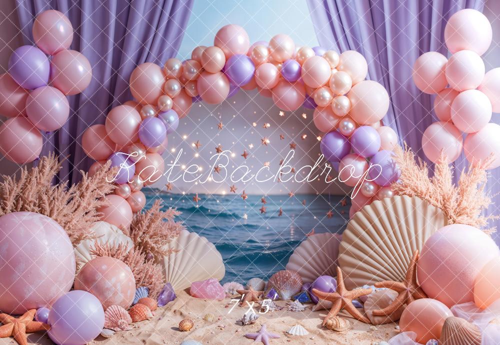 Kate Beach Pink Balloon Arch Purple Curtains Backdrop Designed by Emetselch -UK