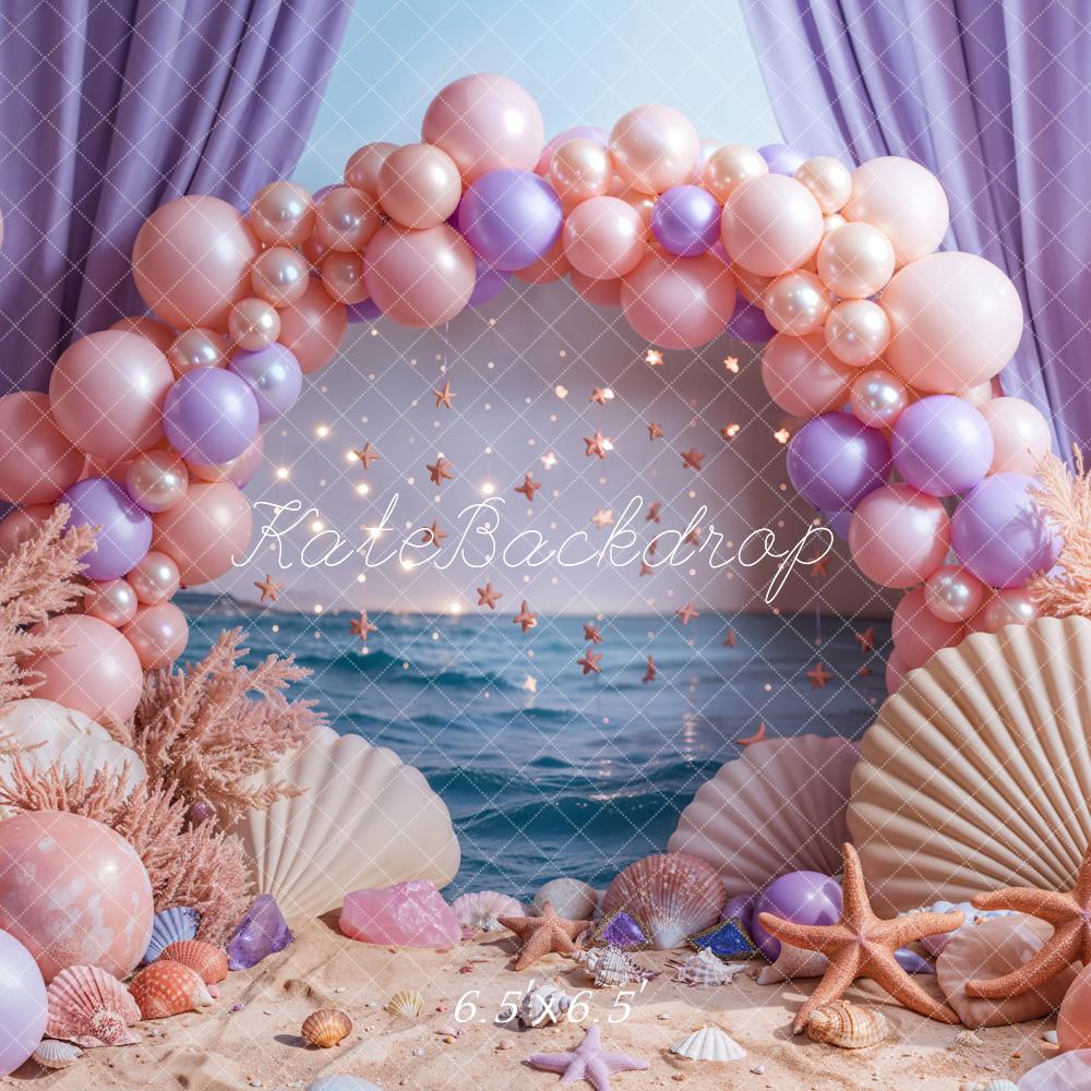 Kate Beach Pink Balloon Arch Purple Curtains Backdrop Designed by Emetselch -UK