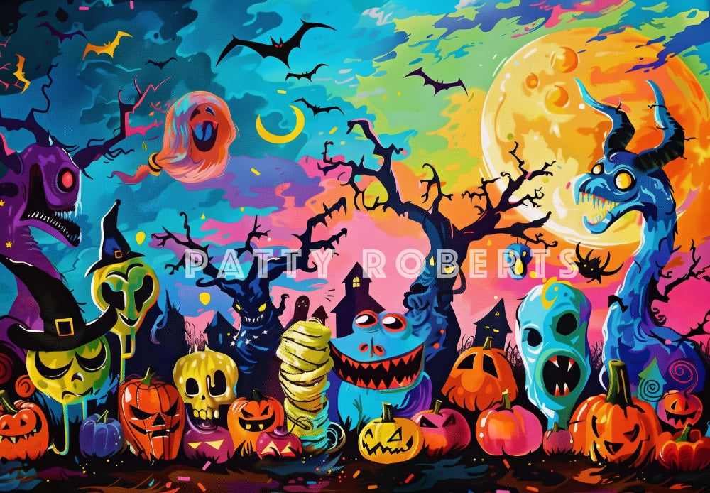 Kate Halloween Cartoon Colorful Monsters Backdrop Designed by Patty Robert -UK