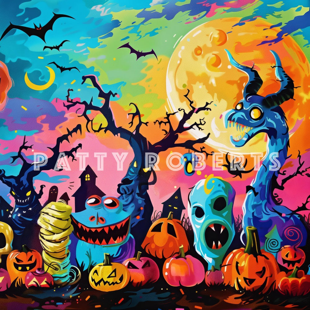 Kate Halloween Cartoon Colorful Monsters Backdrop Designed by Patty Robert -UK