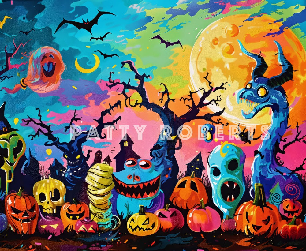 Kate Halloween Cartoon Colorful Monsters Backdrop Designed by Patty Robert -UK