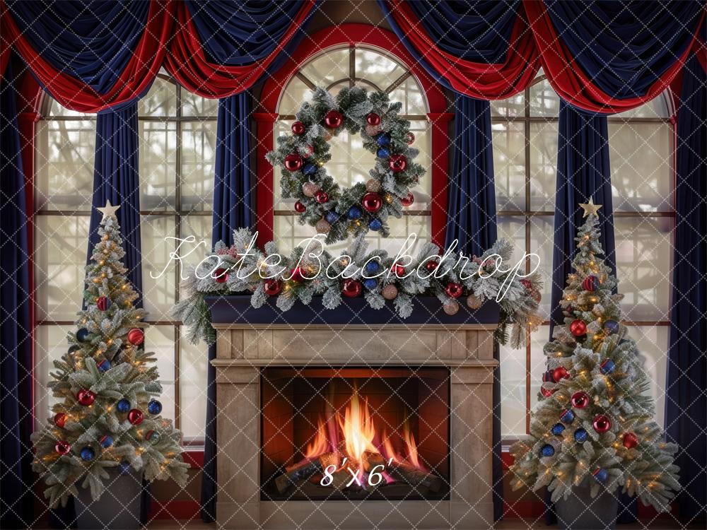 Kate Christmas Tree Navy Red Curtains Fireplace Backdrop Designed by Mini MakeBelieve -UK