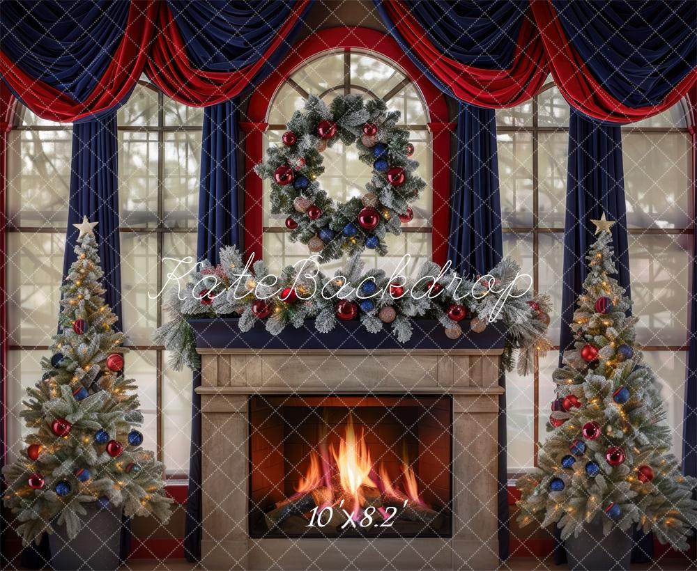 Kate Christmas Tree Navy Red Curtains Fireplace Backdrop Designed by Mini MakeBelieve -UK