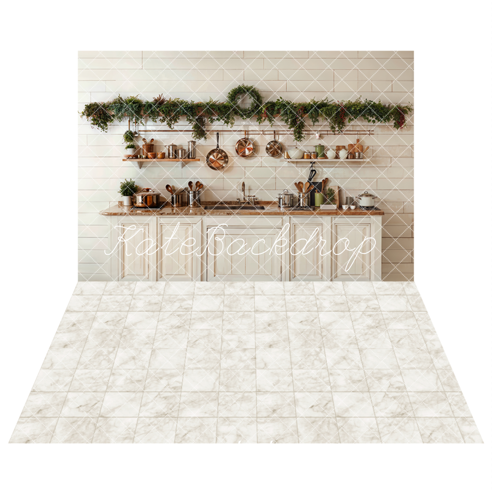 Kate Christmas Kitchen White Cabinets Backdrop+Ivory White Marble Plaid Floor Backdrop -UK