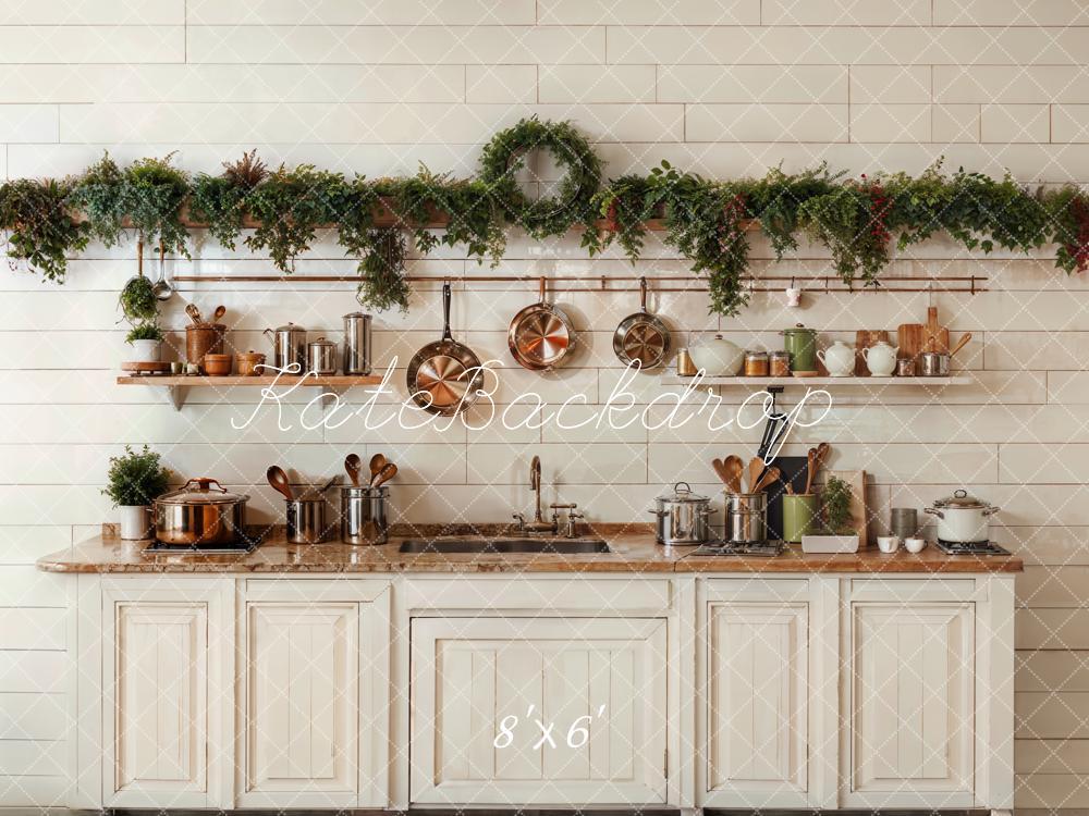 Kate Christmas Kitchen White Cabinets Cookware Backdrop Designed by Emetselch -UK