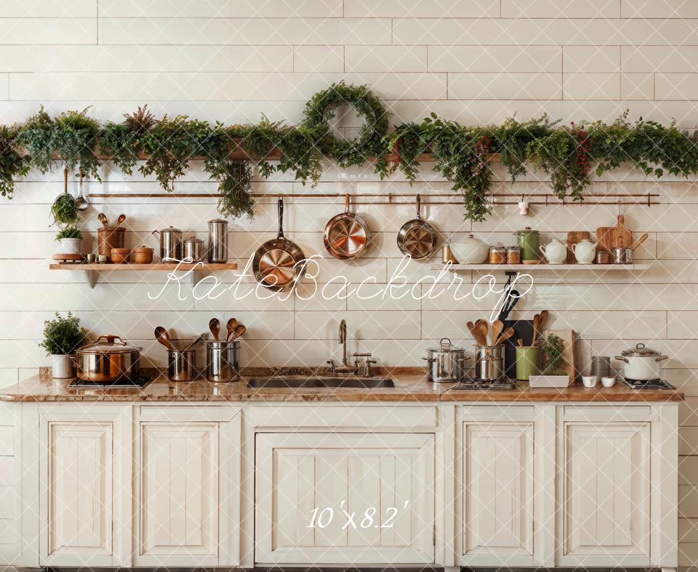 Kate Christmas Kitchen White Cabinets Cookware Backdrop Designed by Emetselch -UK