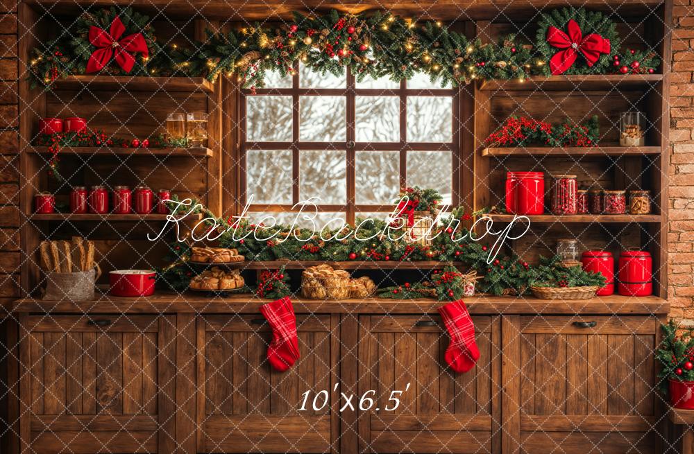 Kate Christmas Kitchen Brown Wooden Cabinets Red Stocking Backdrop Designed by Emetselch -UK