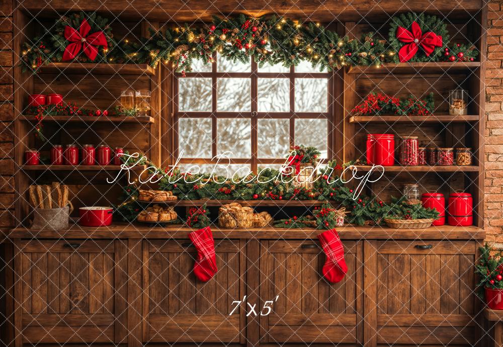 Kate Christmas Kitchen Brown Wooden Cabinets Red Stocking Backdrop Designed by Emetselch -UK